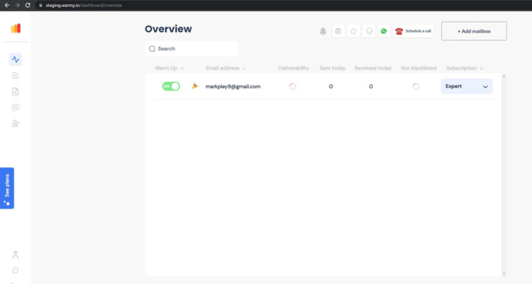 Email dashboard interface showing an overview of account activity. Includes sections for email addresses, deliverability, sent and received emails, and a not-blacklisted status. Theres an active toggle next to an email: marktplays@gmail.com.