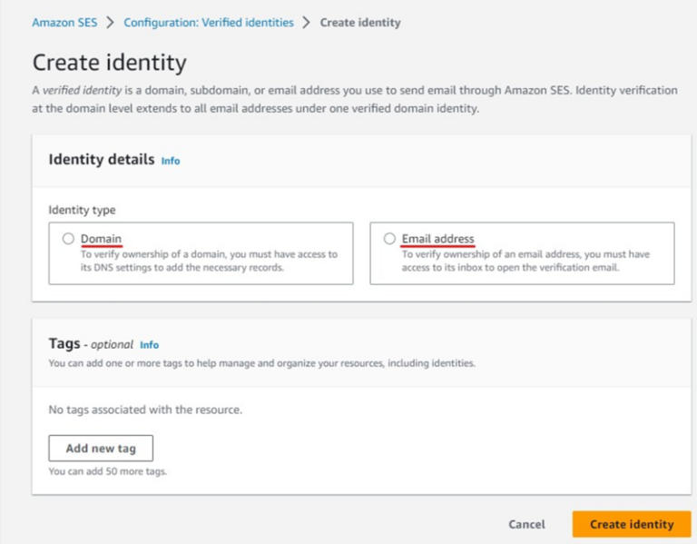 Screenshot of Amazon SES Verified Identities interface. Options include verifying by Domain or Email address, with no tags added. A button to create identity is at the bottom.