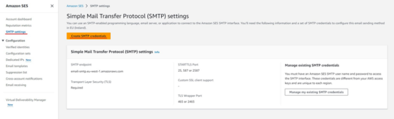 Screenshot of Amazon SES SMTP settings page. It shows options to create SMTP credentials, SMTP endpoint details, and available ports for TLS and SSL connections. A section for managing existing SMTP credentials is also visible.