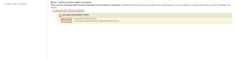 Screenshot of a notification stating a user account has been created for SMTP. It includes a section for viewing SMTP security credentials, with examples of generated SMTP Username and SMTP Password shown highlighted.