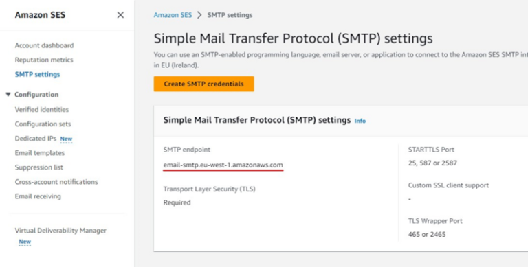 Screenshot of Amazon SES SMTP settings showing the endpoint email-smtp.eu-west-1.amazonaws.com with a Create SMTP credentials button. Details include SMTP port options (25, 587, 2587, 465) and TLS requirement. Sidebar for account details is visible.