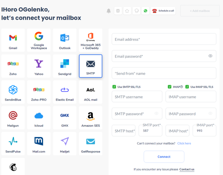 Email integration dashboard showing options like Gmail, Outlook, AOL, and SMTP. Right side has fields for email setup: address, send from name, and password with options for SMTP, IMAP SSL/TLS, ports, and hosts. Top bar includes settings and schedule call options.