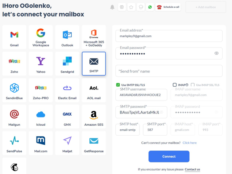 Screenshot of an email setup page. On the left, various email service logos such as Gmail, Yahoo, and Outlook appear. On the right, there are input fields for email settings including email address, password, SMTP, and IMAP information.