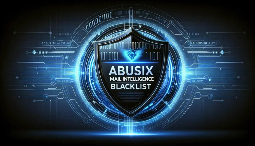 Futuristic digital shield surrounded by glowing blue circuitry and binary code, displaying the text Abusix Mail Intelligence Blacklist in the center.