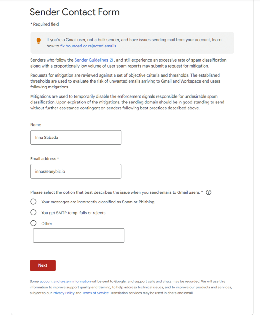 Sender Contact Form - Gmail Help