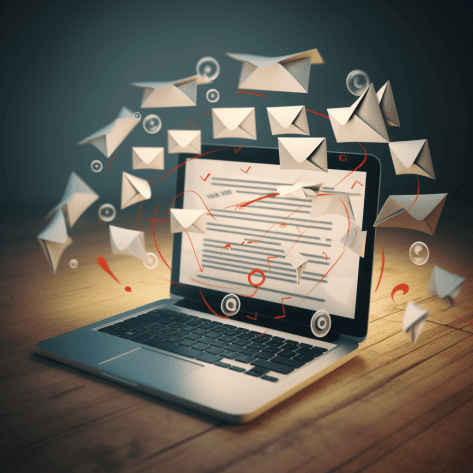 A laptop with an email interface is open on a wooden surface. Envelopes are flying out from the screen, symbolizing a large volume of digital communication. The background is softly blurred, emphasizing the dynamic flow of emails.