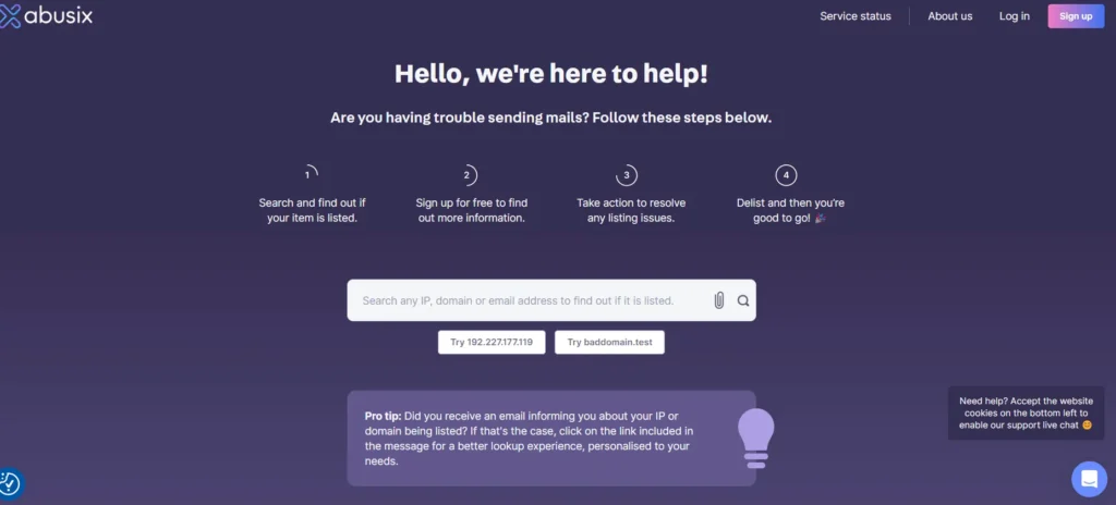 A website homepage with a dark background, welcoming users and offering help with email issues. It includes steps: search, sign up, take action, and get updates. A search bar is present, along with a footer showing a tip and bulb icon.