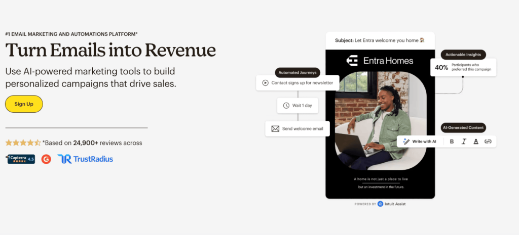 A person sits comfortably on a couch, using a laptop. Text on the left promotes AI-powered marketing tools for emails, highlighting customer reviews. A call-to-action button says Sign Up. A graphic visualizes automated email processes.