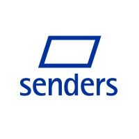 A blue geometric shape above the word senders in lowercase blue letters on a white background.