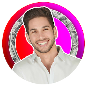 A smiling man with a beard and wearing a white shirt is in front of a circular background featuring dollar bills. The outer circle is a gradient of red to purple.