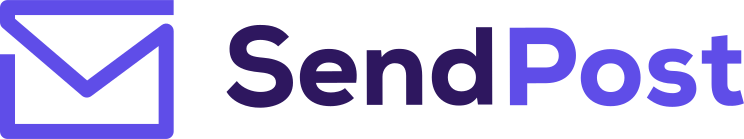 Logo of SendPost featuring a stylized envelope icon followed by the word SendPost in bold purple letters.