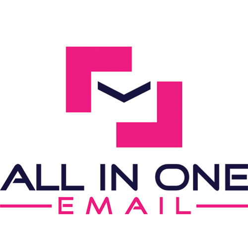 Logo for All In One Email featuring stylized pink and navy blue elements, including geometric shapes suggesting an envelope.