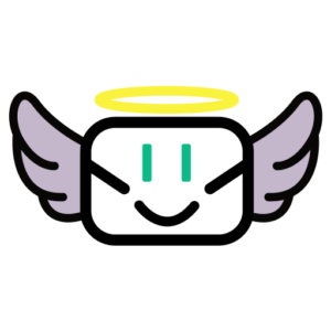 A cartoon style icon of a smiling white square face with a yellow halo above it and purple wings on the sides. The eyes are green, and the expression is cheerful. The background is transparent.