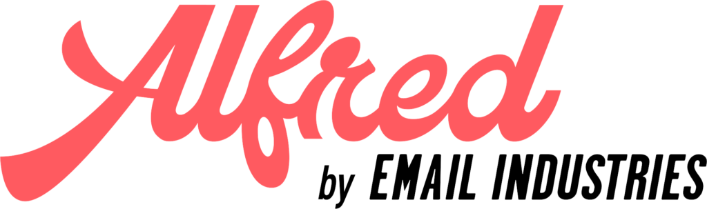 The image displays the word Alfred in a cursive, red font against a transparent background.