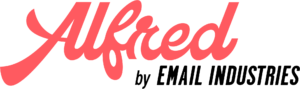 The image displays the word Alfred in a cursive, red font against a transparent background.