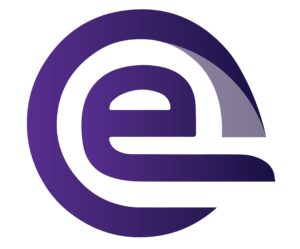 A stylized, lowercase letter e in dark purple with a gradient effect, designed to appear three-dimensional, against a black background. The letter is bold and curves into a circular form.