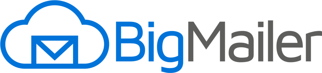 Logo of BigMailer featuring a stylized cloud outline in blue with an envelope inside. The text BigMailer is next to the icon, with Big in blue and Mailer in gray.