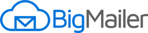 Logo of BigMailer featuring a stylized cloud outline in blue with an envelope inside. The text BigMailer is next to the icon, with Big in blue and Mailer in gray.