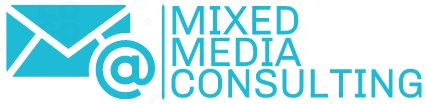 Logo with a blue envelope icon containing an at symbol, next to the text MIXED MEDIA CONSULTING in blue capital letters.