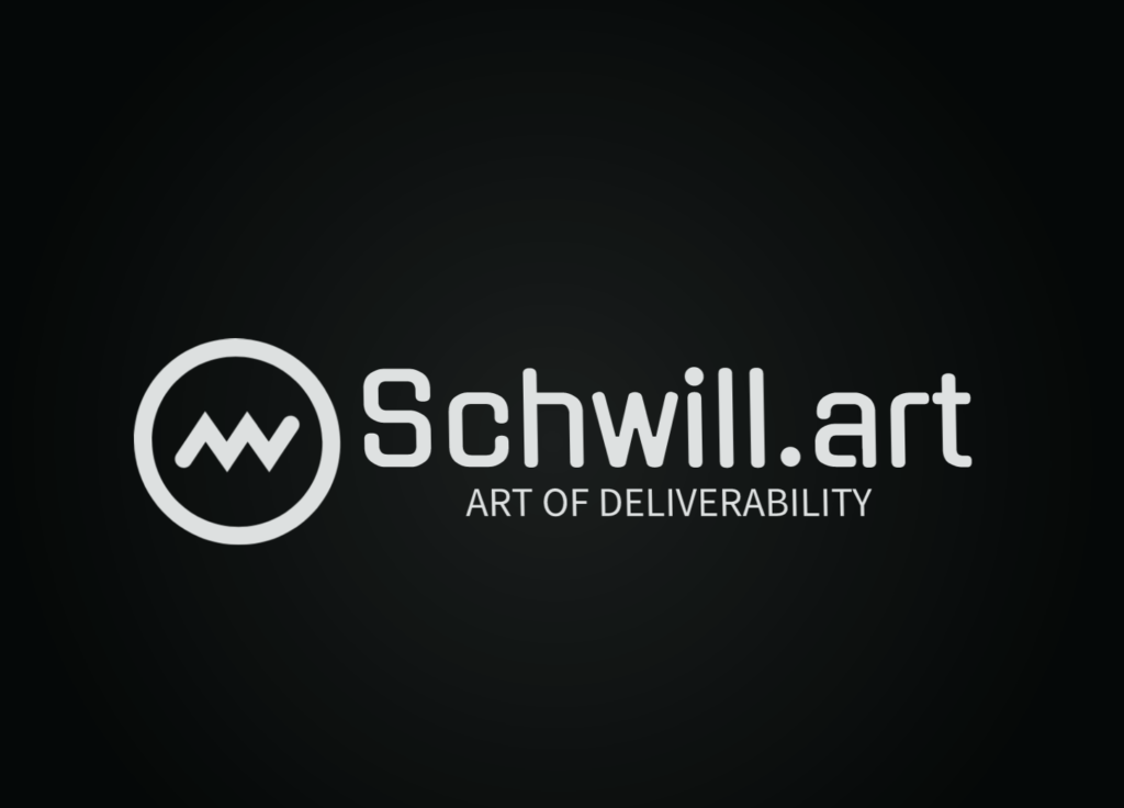 Logo with a stylized zigzag circle on the left and the text Schwill.art on the right, accompanied by the slogan Art of Deliverability underneath, all on a dark background.