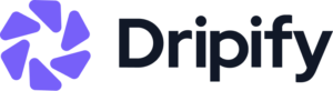 The image shows the Dripify logo, featuring a geometric purple icon resembling an abstract flower or star, followed by the word Dripify in a bold, modern font.