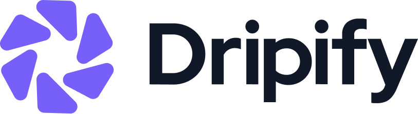 The image shows the Dripify logo, featuring a geometric purple icon resembling an abstract flower or star, followed by the word Dripify in a bold, modern font.