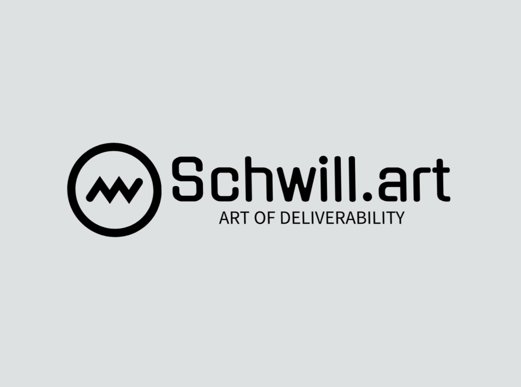 Logo of Schwill.art featuring a stylized mountain icon within a circle on the left, followed by the text Schwill.art in bold. Below it, the tagline ART OF DELIVERABILITY is written in smaller letters. The background is light gray.