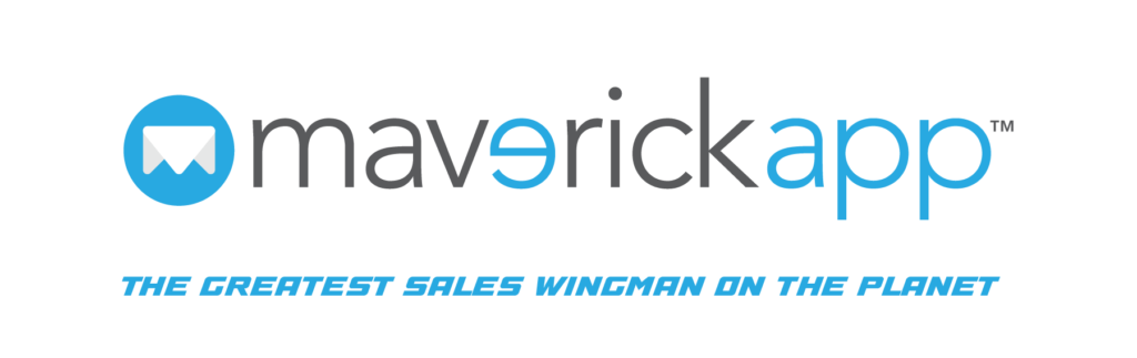 Logo for Maverick App with a design featuring a stylized envelope icon and the slogan, The greatest sales wingman on the planet.