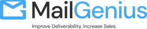 Logo for MailGenius featuring a stylized envelope icon followed by the text MailGenius in bold. Below, the tagline reads Improve Deliverability, Increase Sales.