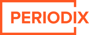 The image shows the word PERIODIX in bold, uppercase letters. The text is orange, surrounded by a thin, orange rectangular border. The background is black.