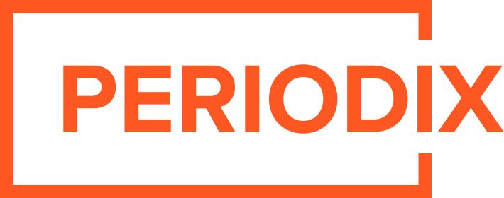 The image shows the word PERIODIX in bold, uppercase letters. The text is orange, surrounded by a thin, orange rectangular border. The background is black.