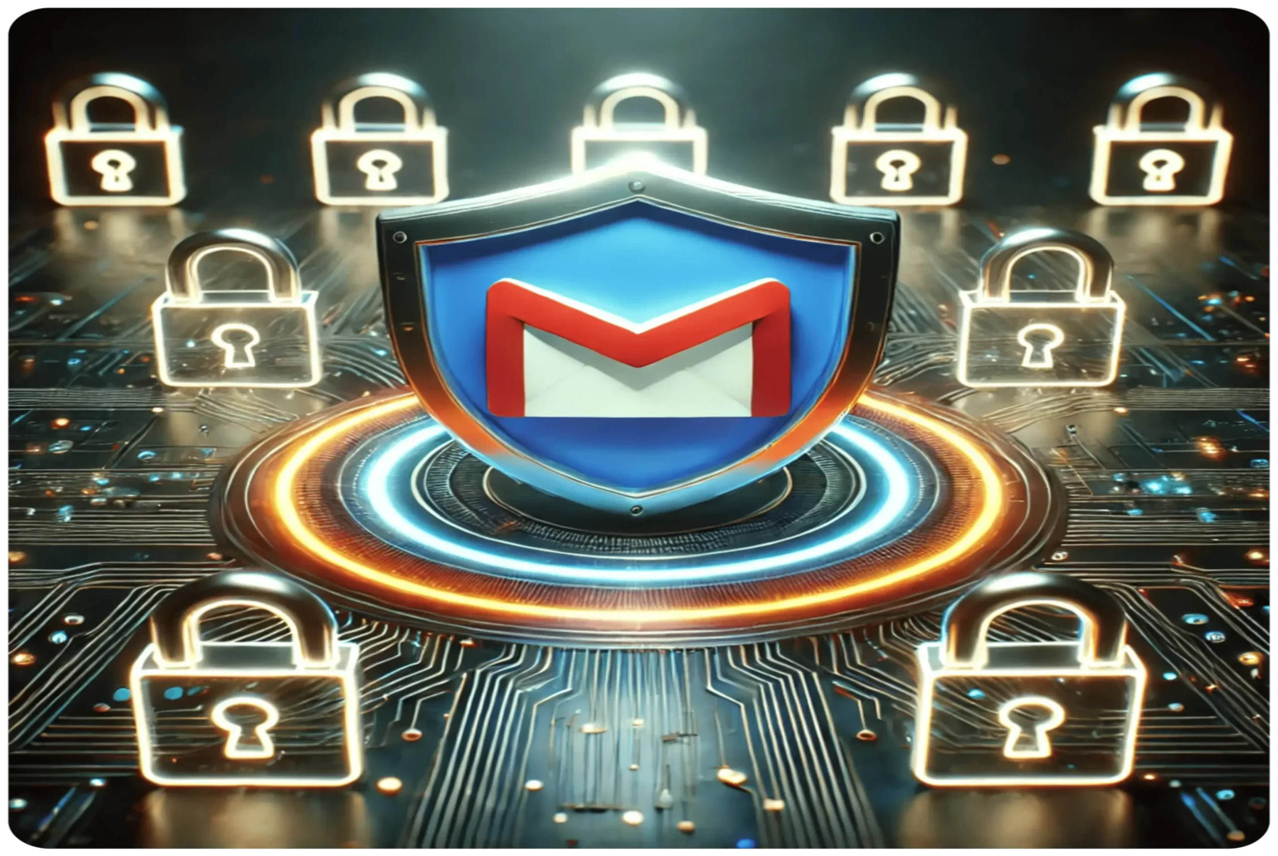 A digital illustration featuring the Gmail logo on a shield, symbolizing security. Surrounding the shield are glowing locks, set against a futuristic circuit board background, conveying data protection and cybersecurity themes.