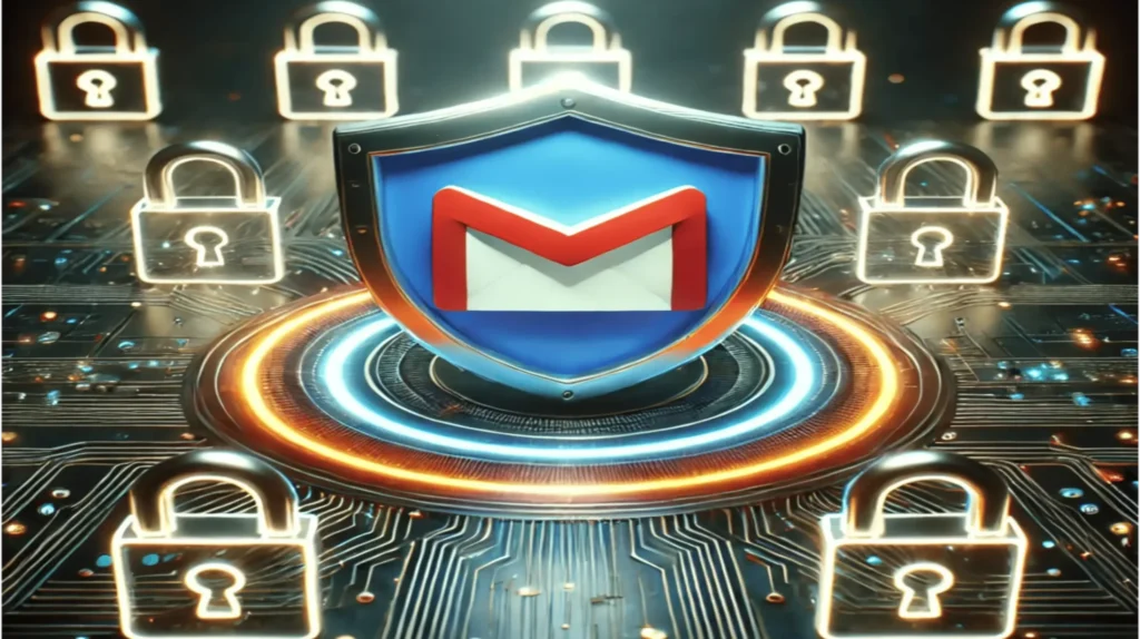 A digital illustration featuring the Gmail logo on a shield, symbolizing security. Surrounding the shield are glowing locks, set against a futuristic circuit board background, conveying data protection and cybersecurity themes.