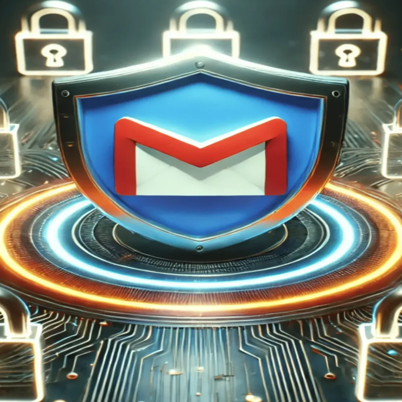 A digital illustration featuring the Gmail logo on a shield, symbolizing security. Surrounding the shield are glowing locks, set against a futuristic circuit board background, conveying data protection and cybersecurity themes.