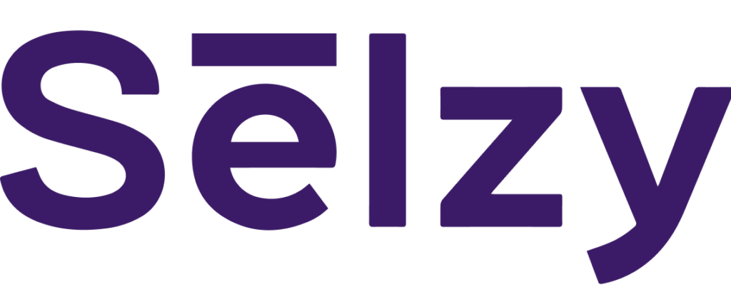 The image shows the word Selzy written in bold, purple letters on a transparent background.