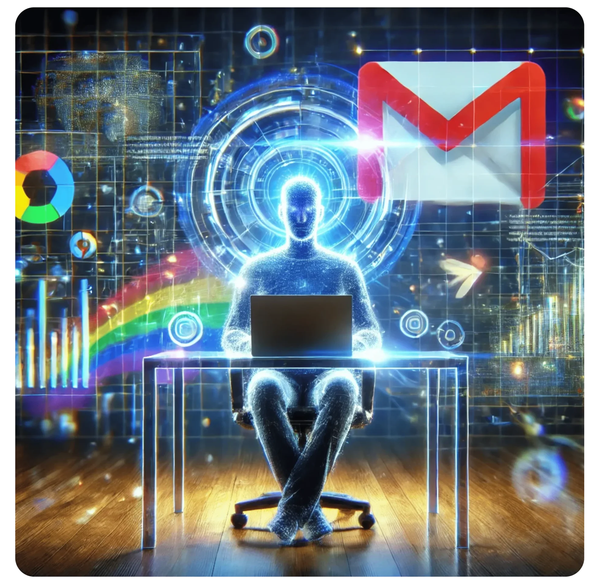 A futuristic, glowing figure sits at a desk with a laptop. Behind, digital icons like a Gmail logo and data visuals such as graphs and rainbows are displayed, creating a tech-savvy, sci-fi atmosphere.