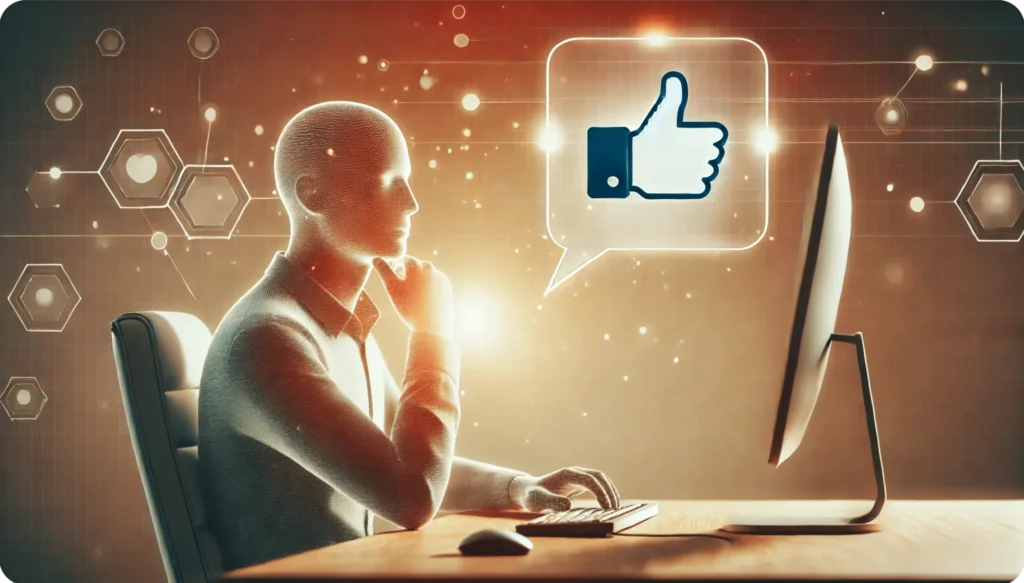 A person sitting at a desk using a computer, with a speech bubble containing a thumbs-up icon floating above. The background is a warm, futuristic design featuring hexagonal patterns and glowing lines.