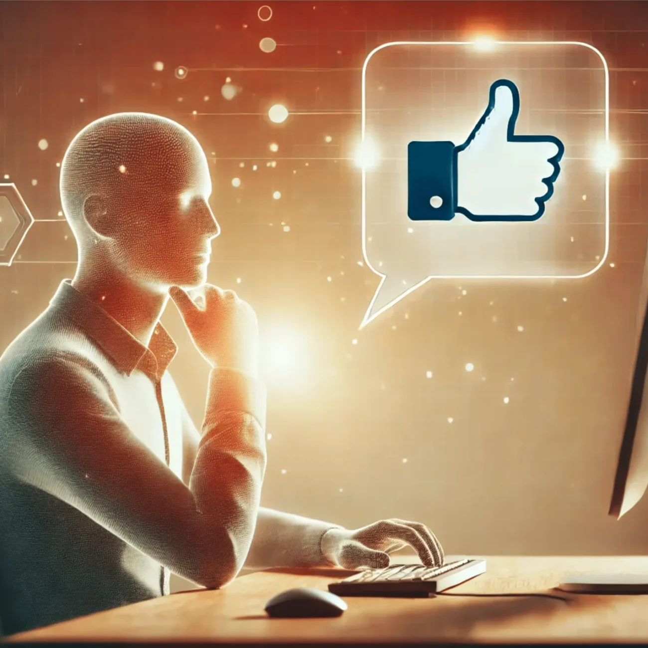 A person sitting at a desk using a computer, with a speech bubble containing a thumbs-up icon floating above. The background is a warm, futuristic design featuring hexagonal patterns and glowing lines.