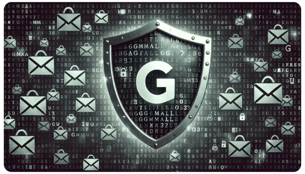 A digital shield with a letter G is surrounded by padlocks and envelope icons against a backdrop of random letters. The imagery suggests cybersecurity or email protection, with a metallic and futuristic aesthetic.