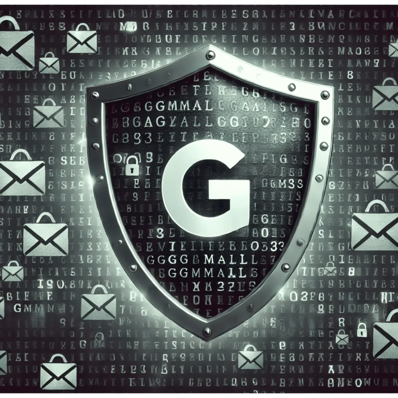 A digital shield with a letter G is surrounded by padlocks and envelope icons against a backdrop of random letters. The imagery suggests cybersecurity or email protection, with a metallic and futuristic aesthetic.