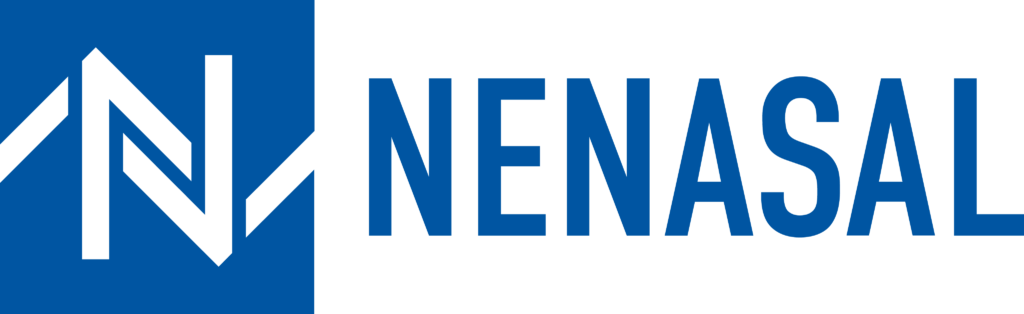 Logo with NENASAL in bold blue letters. A stylized design of the letters NL appears to the left, combining straight black lines against a blue square background.