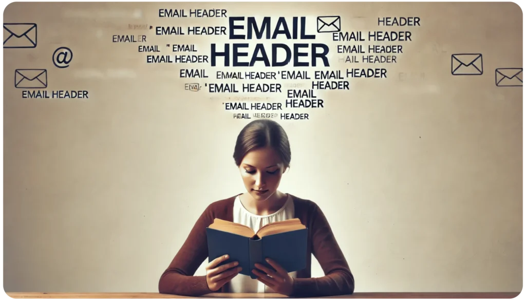 A woman sits at a desk reading a book. Above her are multiple floating text phrases that say Email Header and email icons, suggesting information or data flow coming from the text. The background is a plain, neutral color.