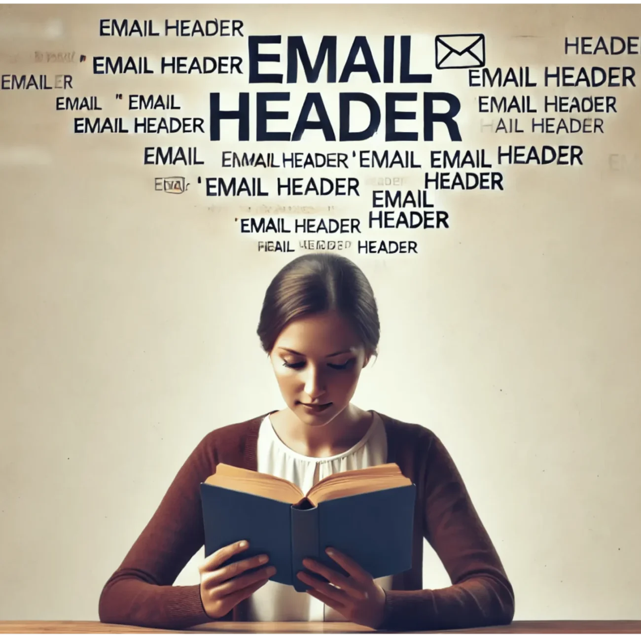 A woman sits at a desk reading a book. Above her are multiple floating text phrases that say Email Header and email icons, suggesting information or data flow coming from the text. The background is a plain, neutral color.