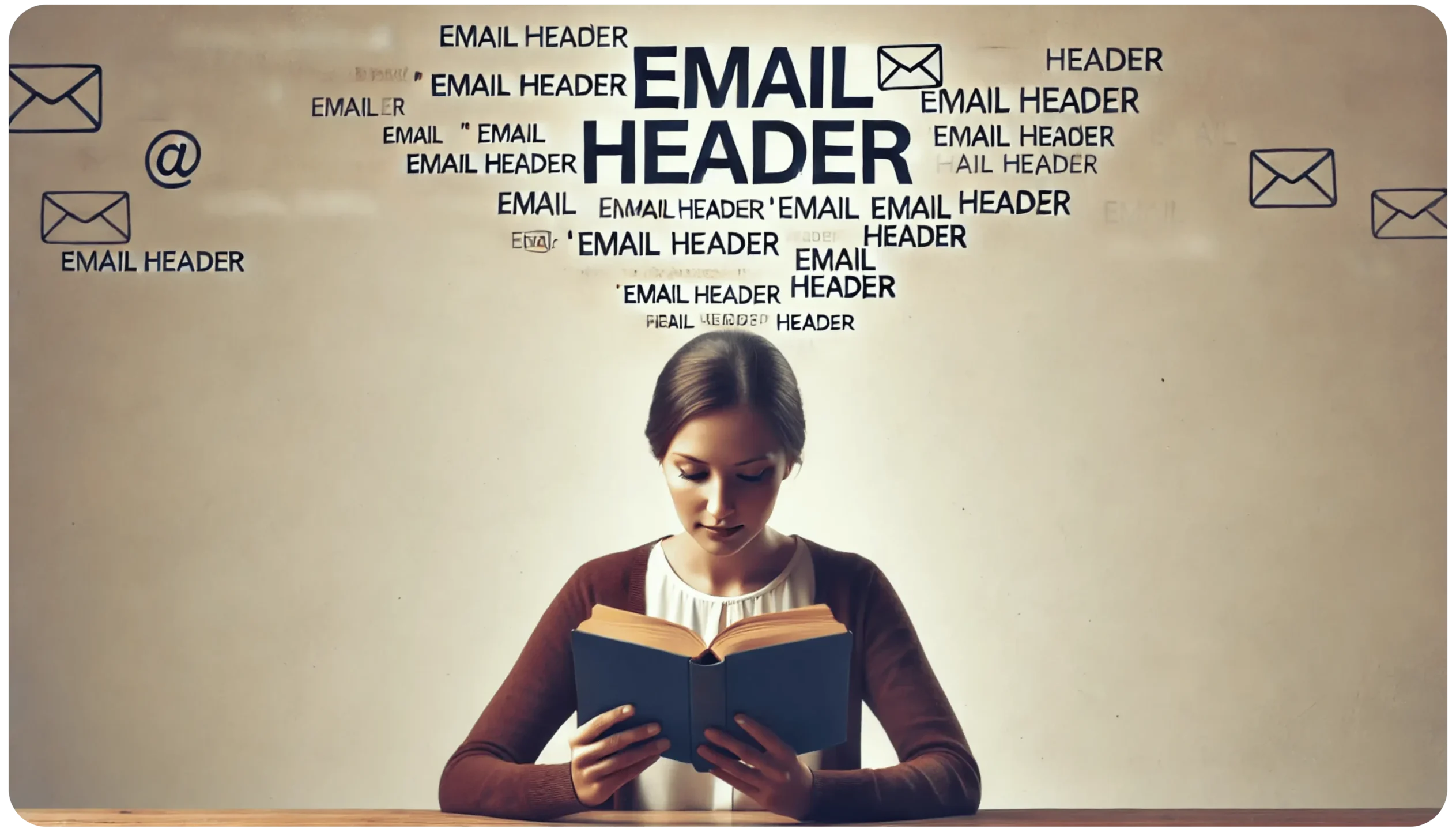 A woman sits at a desk reading a book. Above her are multiple floating text phrases that say Email Header and email icons, suggesting information or data flow coming from the text. The background is a plain, neutral color.