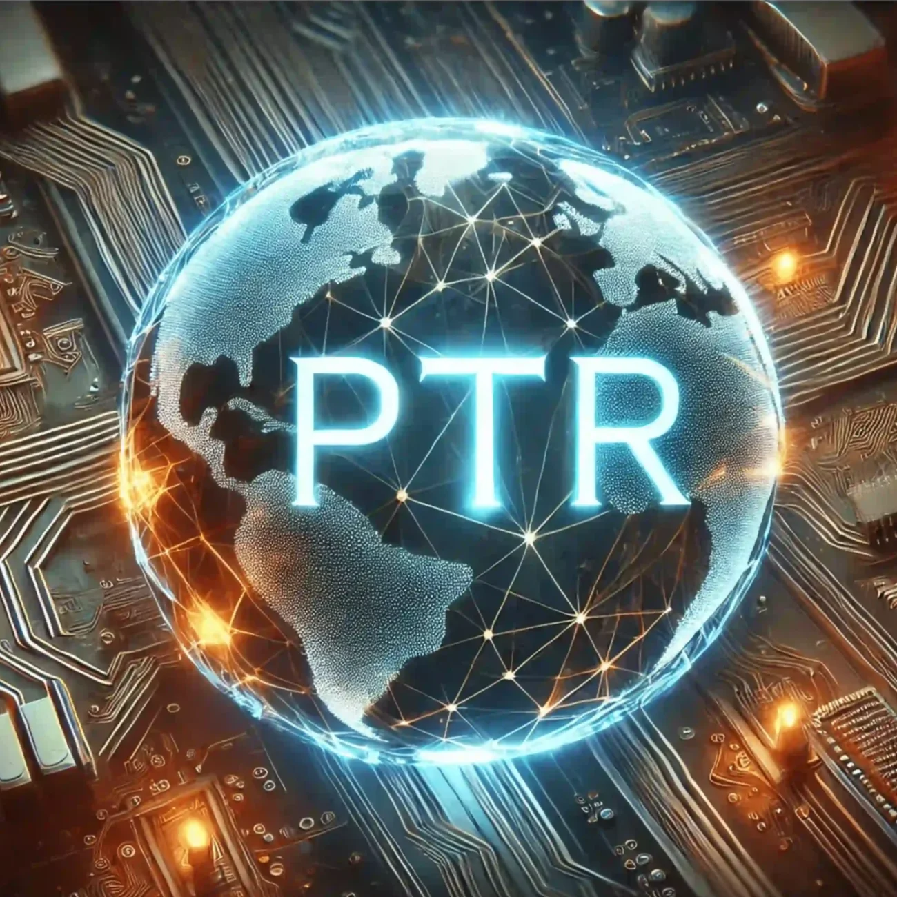 A glowing globe with the letters PTR is centered on a circuit board background. Blue lines connect continents, symbolizing global connectivity. The circuit board glows with orange and blue lights, highlighting technology themes.