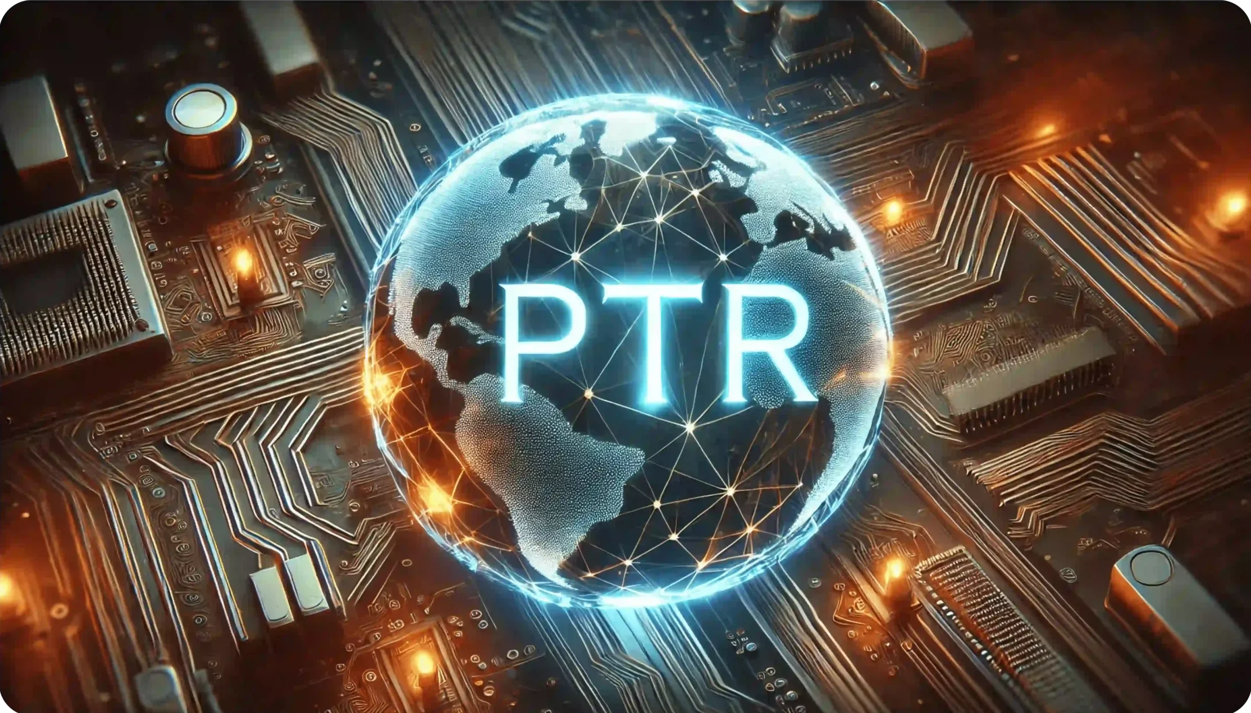 A glowing globe with the letters PTR is centered on a circuit board background. Blue lines connect continents, symbolizing global connectivity. The circuit board glows with orange and blue lights, highlighting technology themes.