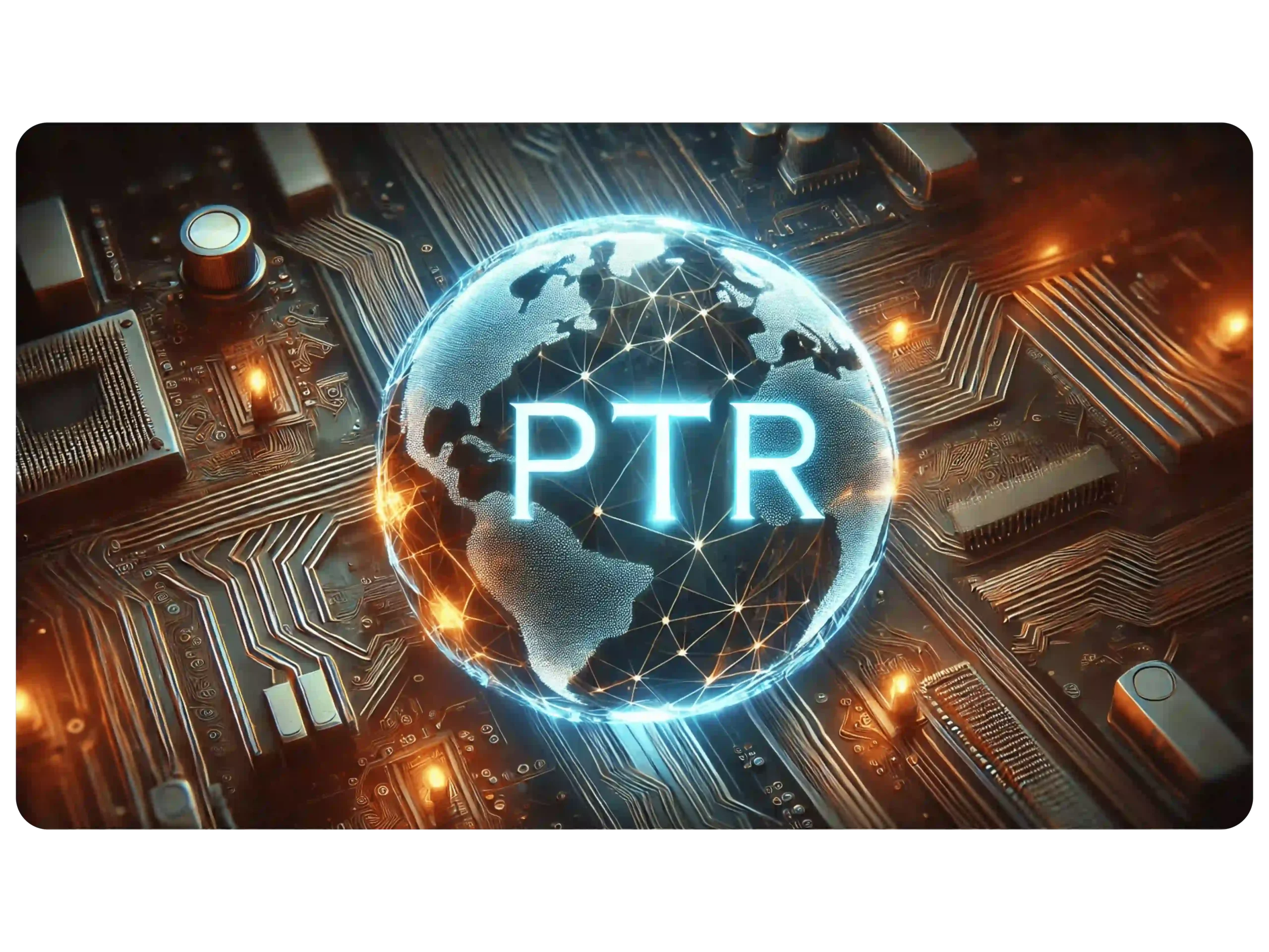 A glowing globe with the letters PTR is centered on a circuit board background. Blue lines connect continents, symbolizing global connectivity. The circuit board glows with orange and blue lights, highlighting technology themes.