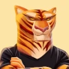 Illustration of an anthropomorphic tiger with orange fur and black stripes, wearing a black shirt. The tiger has a serious expression and crossed arms, set against a light yellow background.