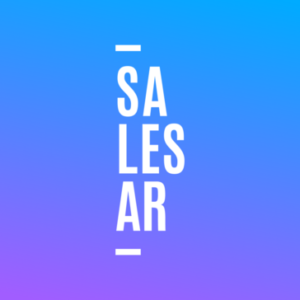 The image features the word SALESAR in bold, white capital letters, displayed vertically in layers against a gradient blue to purple background. Horizontal lines are placed above SA and below AR.