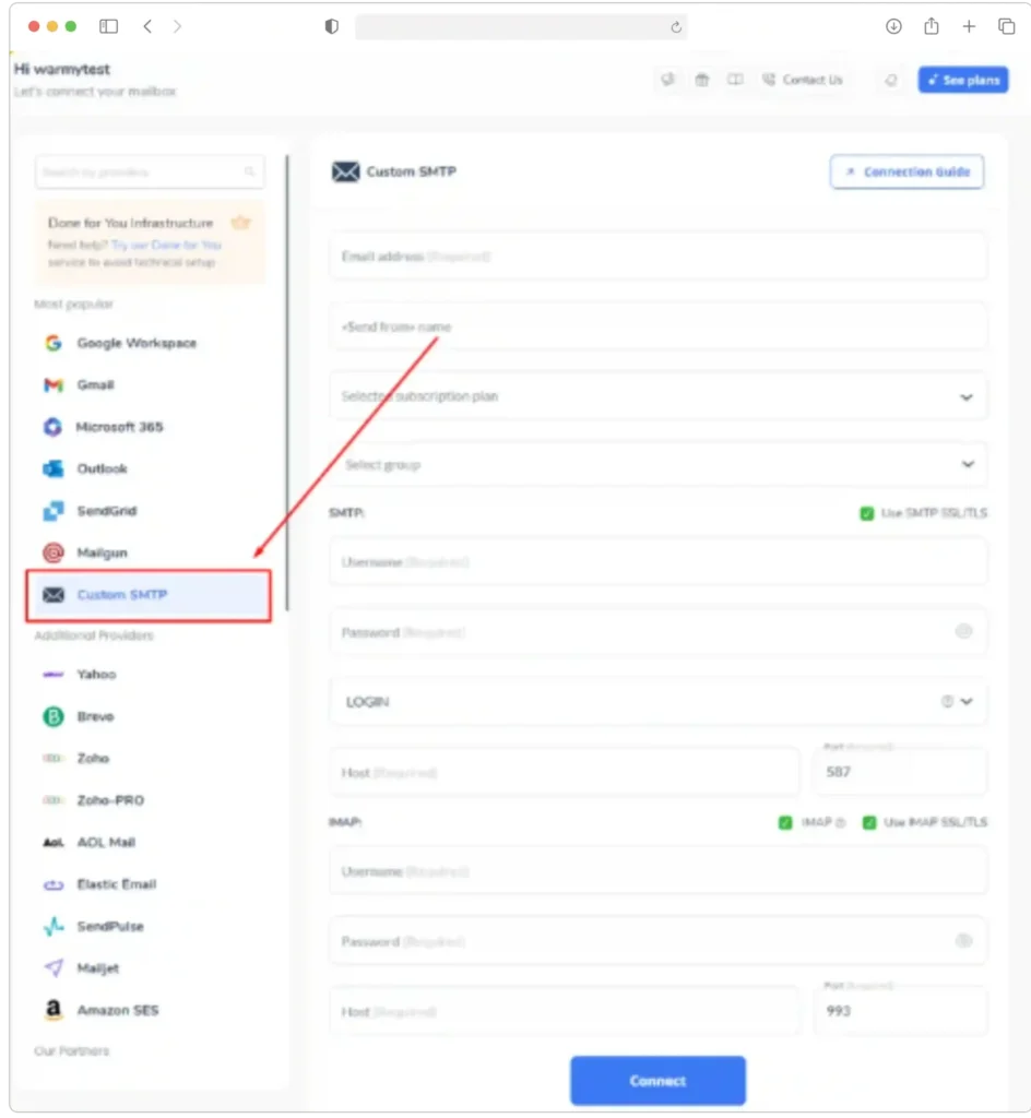 Screenshot of a web interface displaying email configuration settings. The sidebar lists email services like Google Workspace and Outlook, with Custom SMTP highlighted. The main panel shows SMTP settings fields, including server, port, and authentication options.